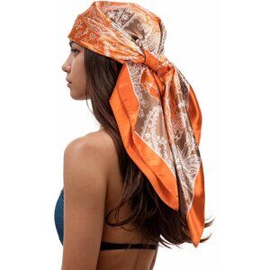 Women's Taupe/Orange Head Scarf Like Silk Printed Square Hair Bandanas 35 Inches